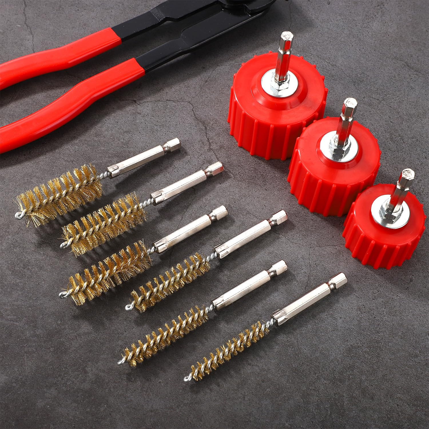 9Pcs Copper Pipe Cleaner Set for Power Drill, 3Pcs 1/2" 3/4" 1" Tube Cleaning Brushes & 6 Brass Wire Bore Brushes Metal Pipe Cleaner for Drill Copper Tubes and Fittings Soldering image number 6