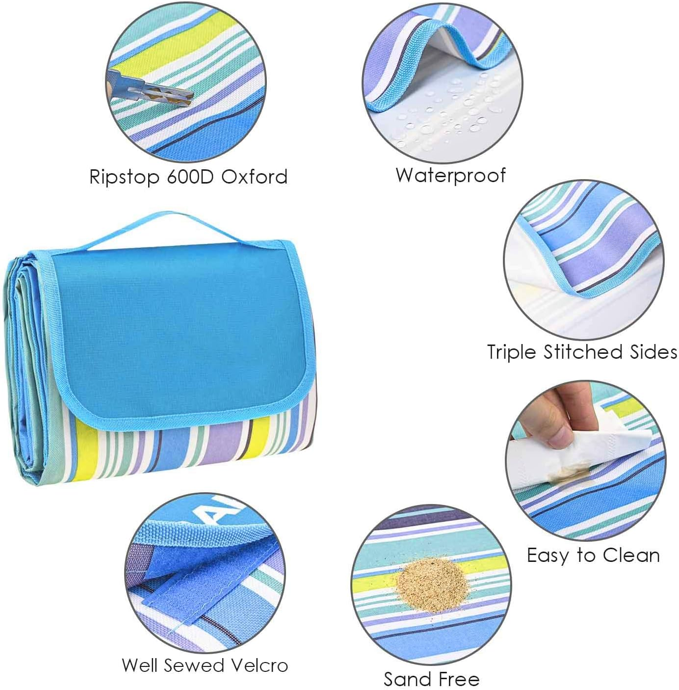 Picnic Blanket Outdoor Picnic Mat Camping Mat Beach Blanket Portable Tersely Mat 79"X57" Extra Large Foldable Waterproof Sandproof Rug for Beach, Camping, Park, BBQ and Music Festivals (Blue Stripe) image number 3