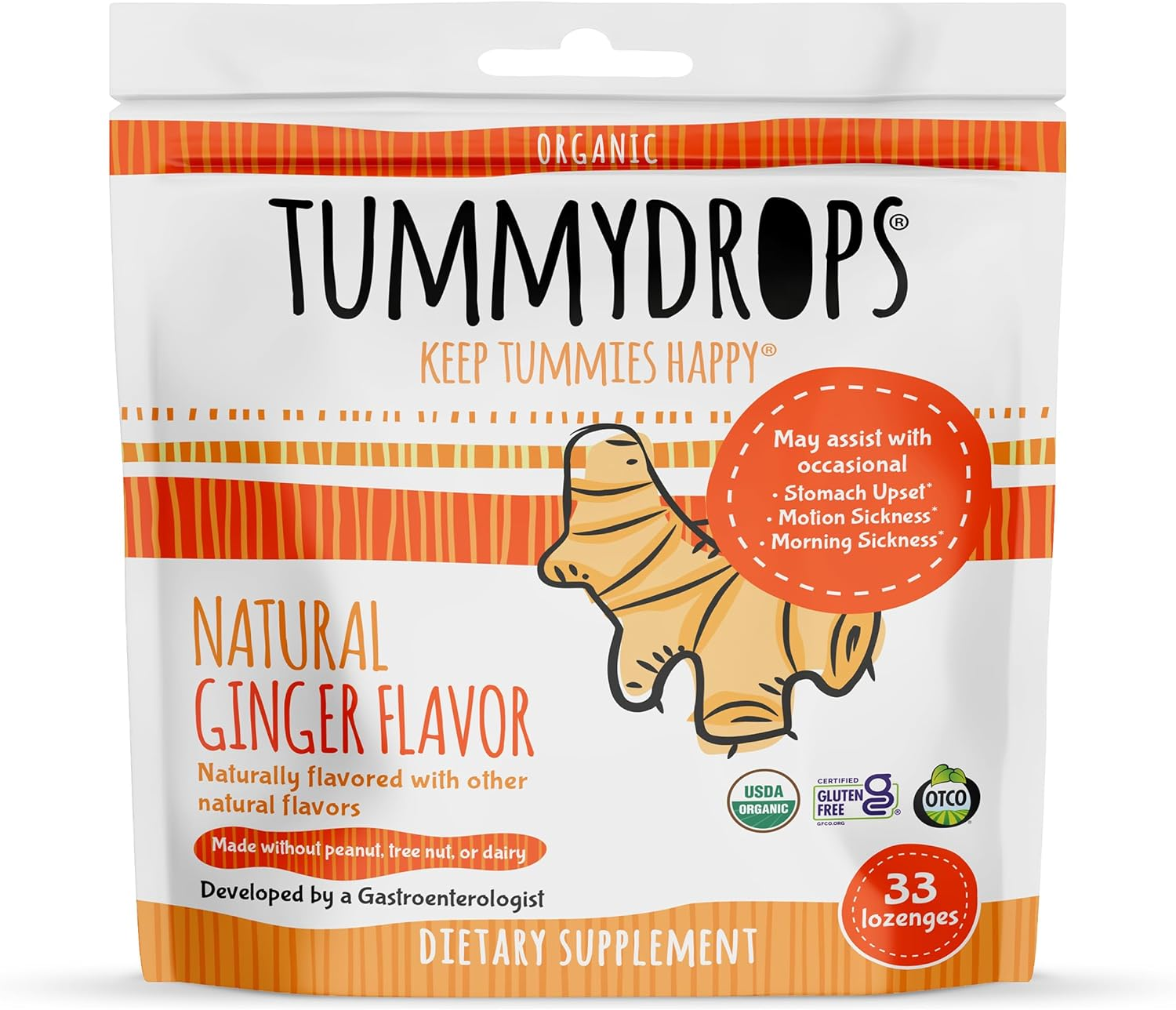 Natural Ginger Tummydrops (Resealable Bag of 33 Individually Wrapped Drops) Certified Oregon Tilth USDA Organic, Non-Gmo Project, GFCO Gluten-Free, and KOF-K Kosher image number 4
