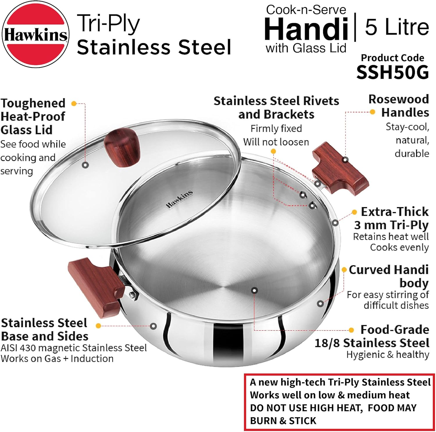 Hawkins Futura Steel Cook N Serve Handi with Glass Lid, 5.0 Litre Capacity