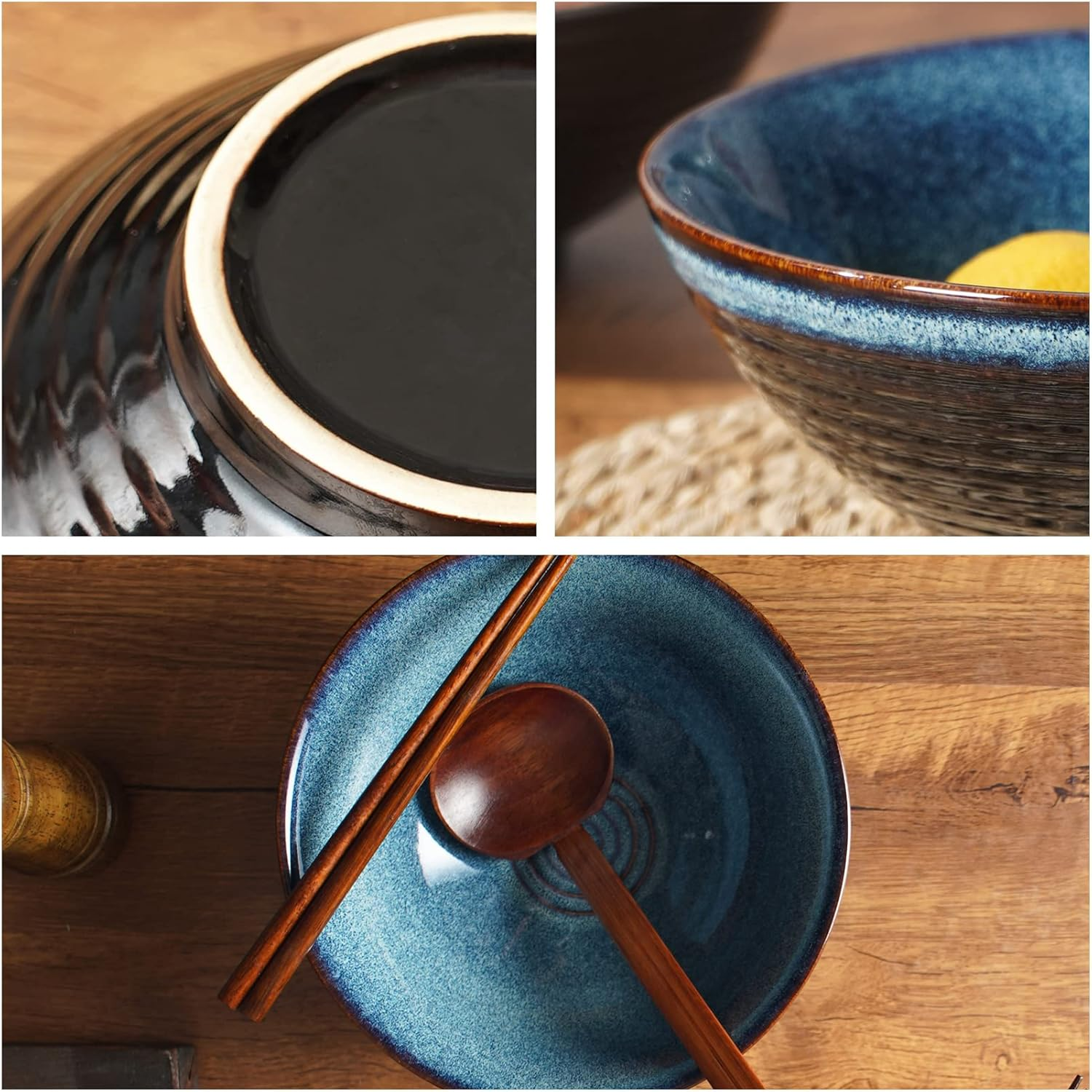 Ceramic Japanese Style Ramen Bowl Set with Chopsticks,8 Inch 40 Oz Pho Bowls & Asian Soup Bowl and Spoons Set for Udon Noodle,Soba,Miso Soup,Set of 2 (Blue) image number 5