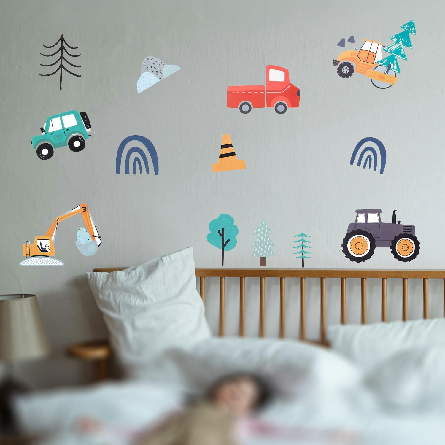 90Pcs Construction Vehicles Wall Decals, Boho Transportation Wall Stickers Engineering Vehicles Excavator Crane Trucks Peel and Stick Wall Decors for Boys Kids Babies Bedroom Decoration