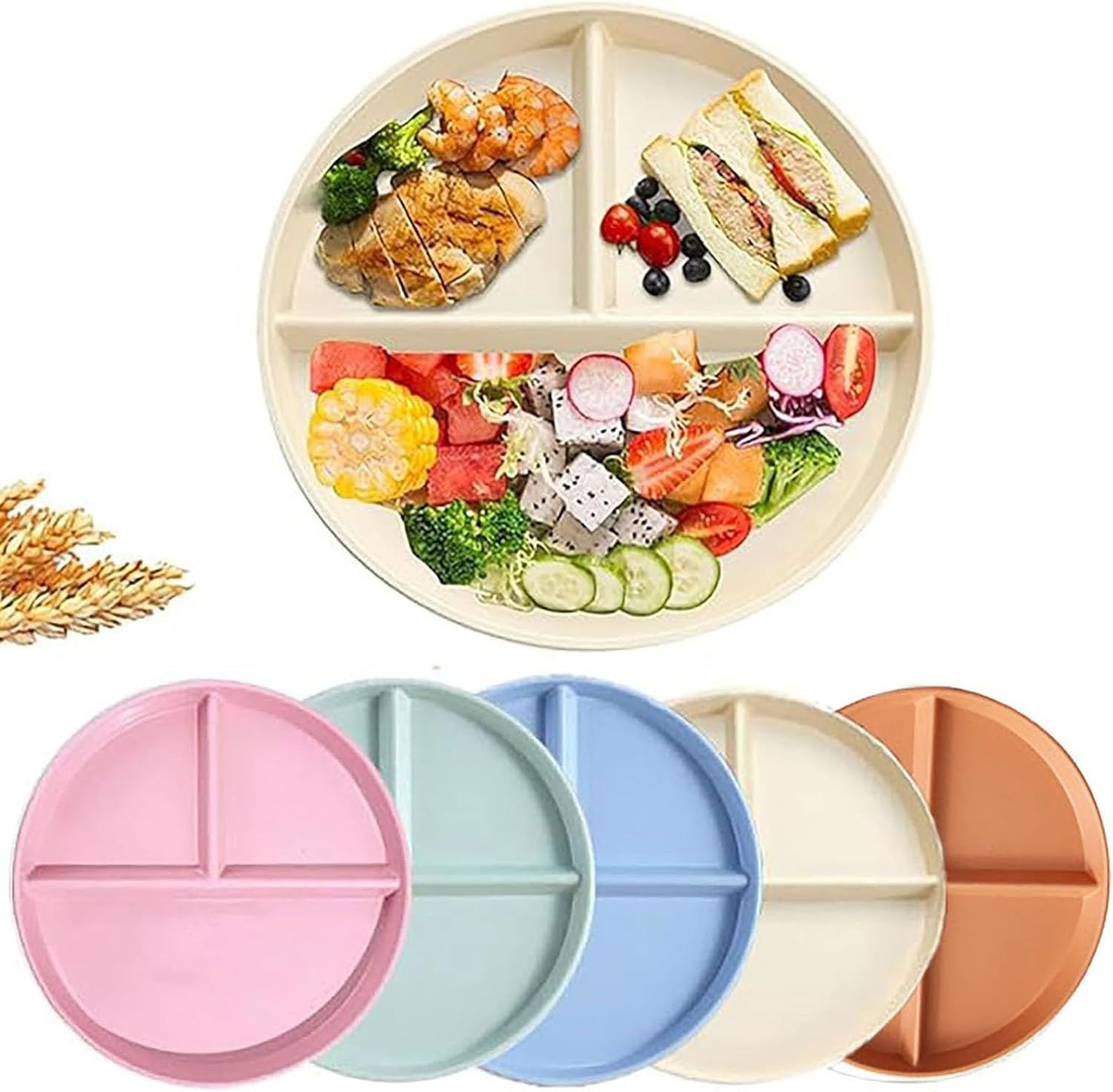 QYINXIU 5 Pcs Plate Set, Unbreakable Divided Dinner Plate Set, 9 Inch Wheat Straw Plates, Dinner Diet Plates for Kids, Bariatric Diet Divided Plates image number 5