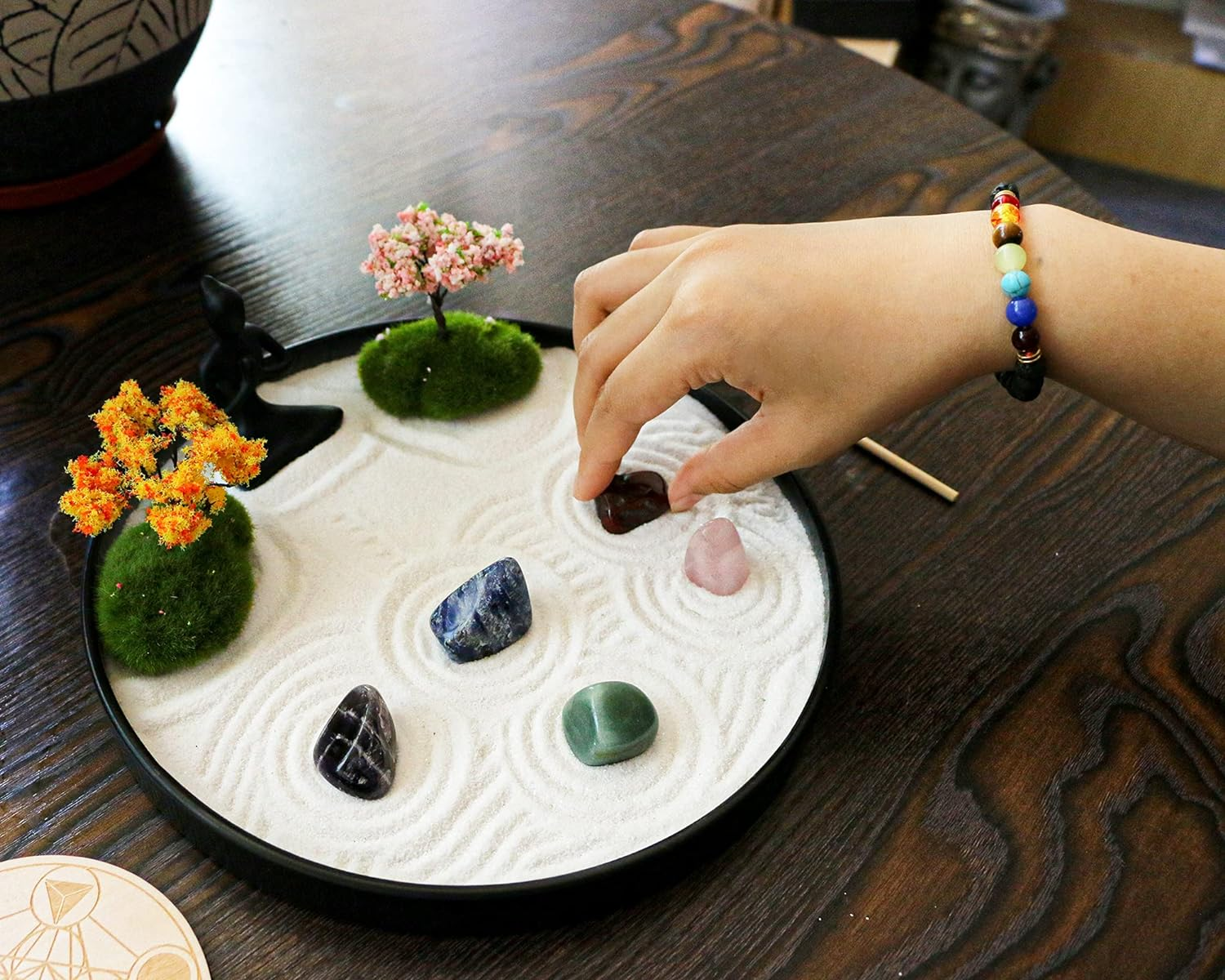 Zen Garden for Desk Tabletop Chakra Zen Healing Gifts Sand Tray Therapy Kit Set Japanese Decoration Crystal Quartz Rock Mini Garden Home Office Stress Relief Spiritual Decor Healing Gifts for Yoga image number 2