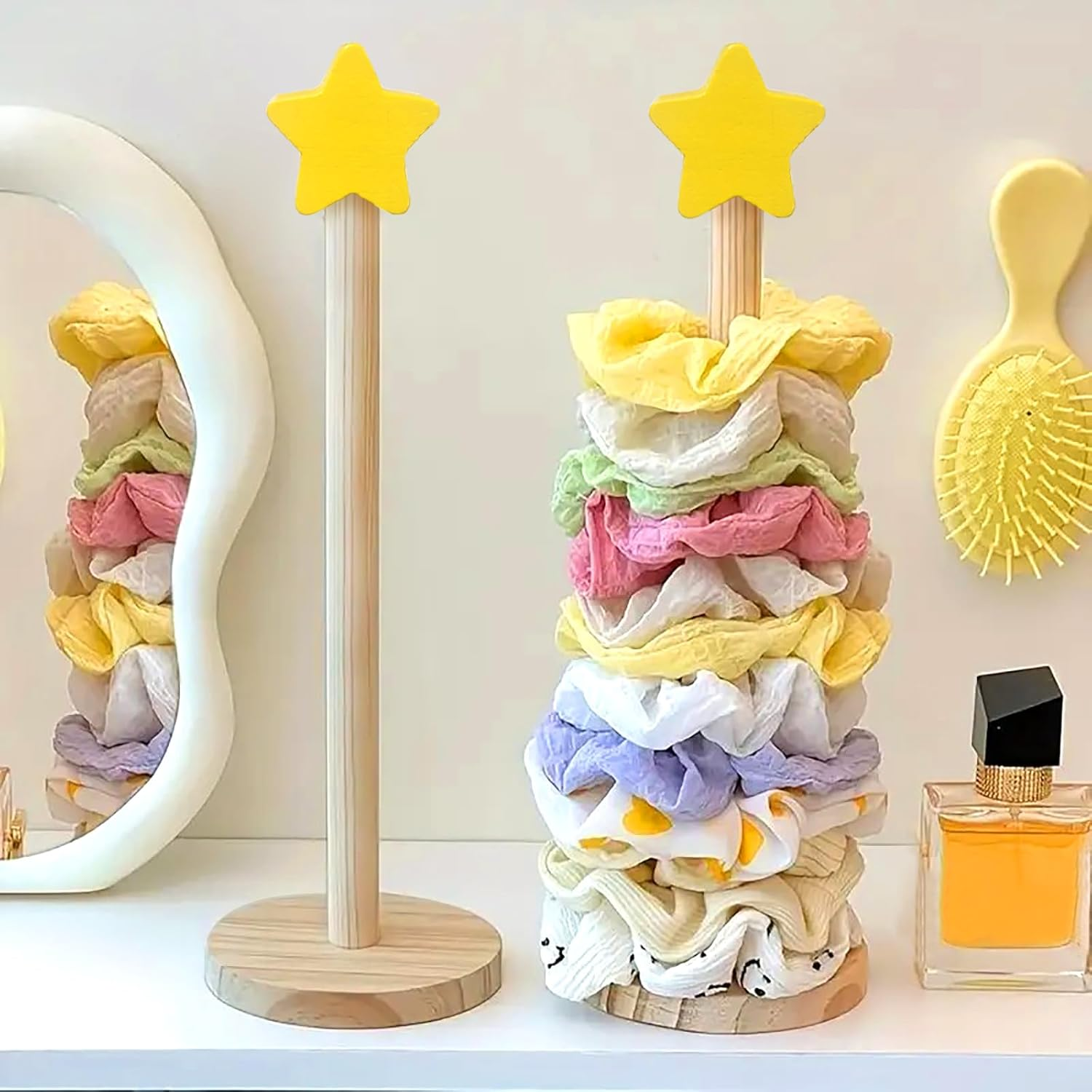 2 Pcs Scrunchie Holder Stand Hair Tie Organizer Hair Accessories Organizer Vertical 15-20 Scrunchies Holder Space-Saving Jewelry Scrunchy Holder for Girls Women, Bathroom Bedroom Decor (Yellow) image number 3