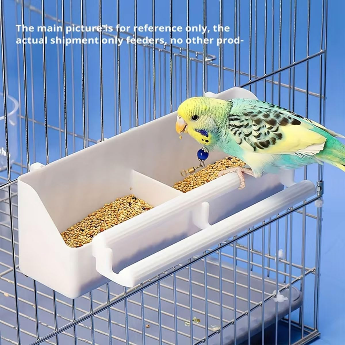 AIMALL Dual-Compartment Bird Feeder with Perch for Budgie Pigeon Peony Xuan Feng Cockatiel Parakeet 8.27X2.56X1.97In Plastic Cage Hanging Food and Water Trough Box