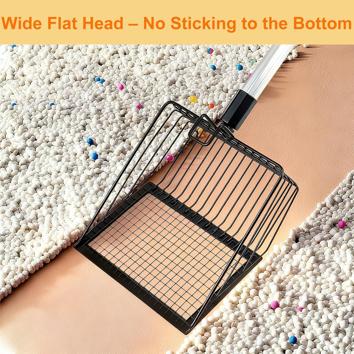 Neehows Cat Litter Scoop with Extendable Long Handle, 22.2"-42.5" No Bending Back Metal Kitty Litter Scoop, Large Non-Stick Wide Flat Head Heavy Duty Cat Pooper Scooper