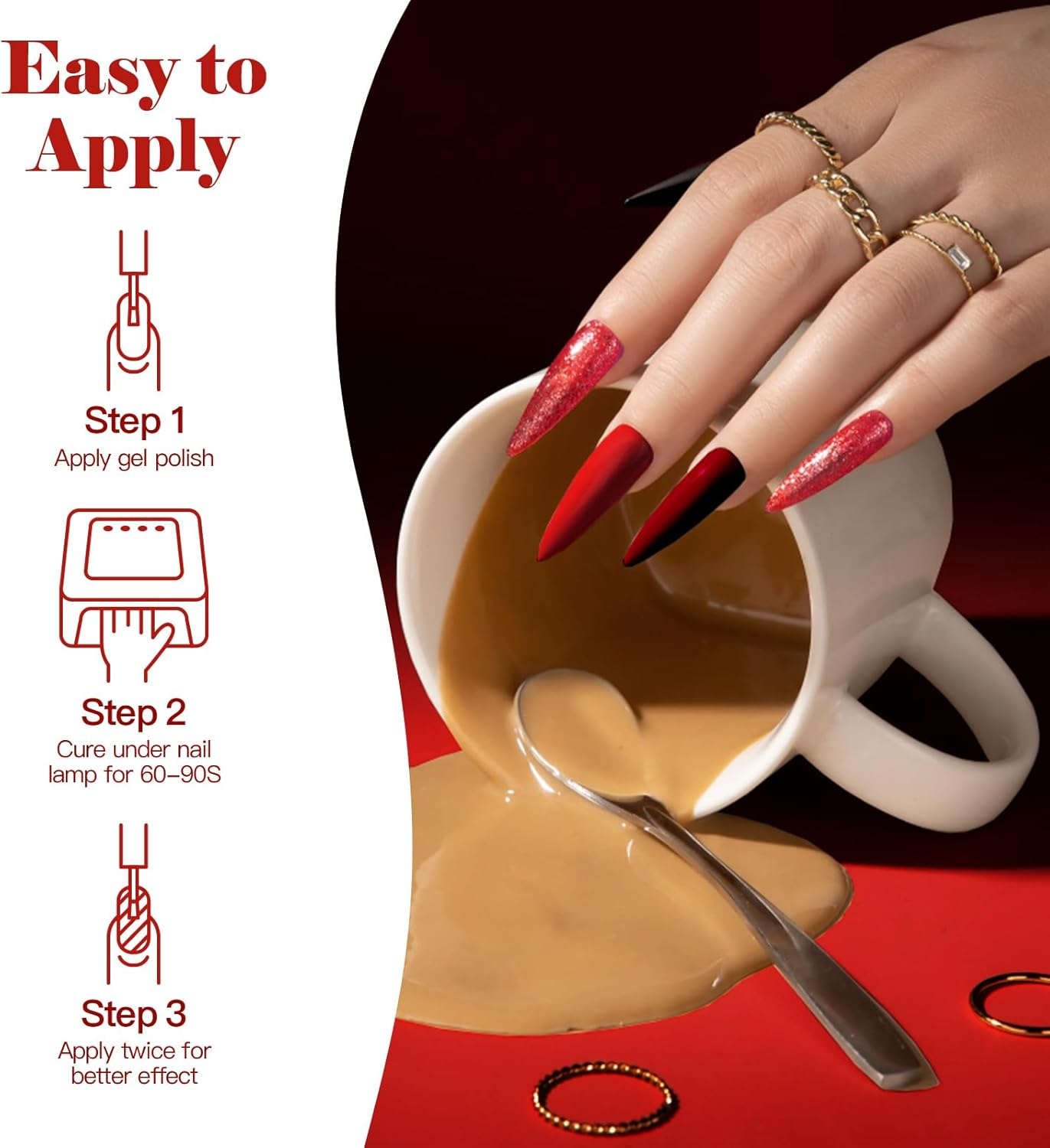 Madenia Gel Nail Polish Set: 6 Colours Red Burgundy Glitter Nail Polish Set Soak off UV/LED, Quick Drying Nail Varnish Nail Art DIY Manicure Salon & Home for Women, 8.5ML