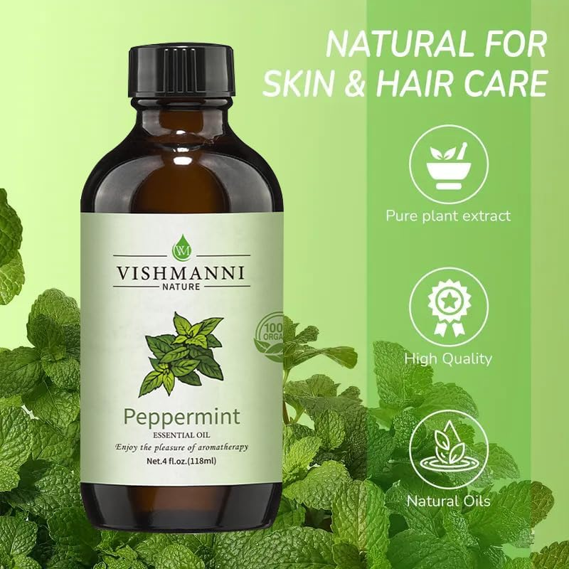Peppermint Essential Oil (4 Fl Oz / 118 Ml) 100% Pure, Natural & Undiluted &ndash; Air Freshener for Home, Kitchen, Office | Diffuser, Spray, Small Animal Deterrent | Boosts Mind Clarity, Skin & Hair Care