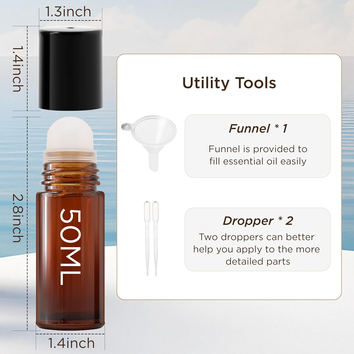 SESENSE Essential Oil Roller Bottles, 2PCS (50Ml/30Ml) Thick Glass Perfume Roller Bottles with Funnel and Dropper Glass Empty Bottles Beauty and Personal Care Tools for Fragrance (Amber, 50ML) image number 7