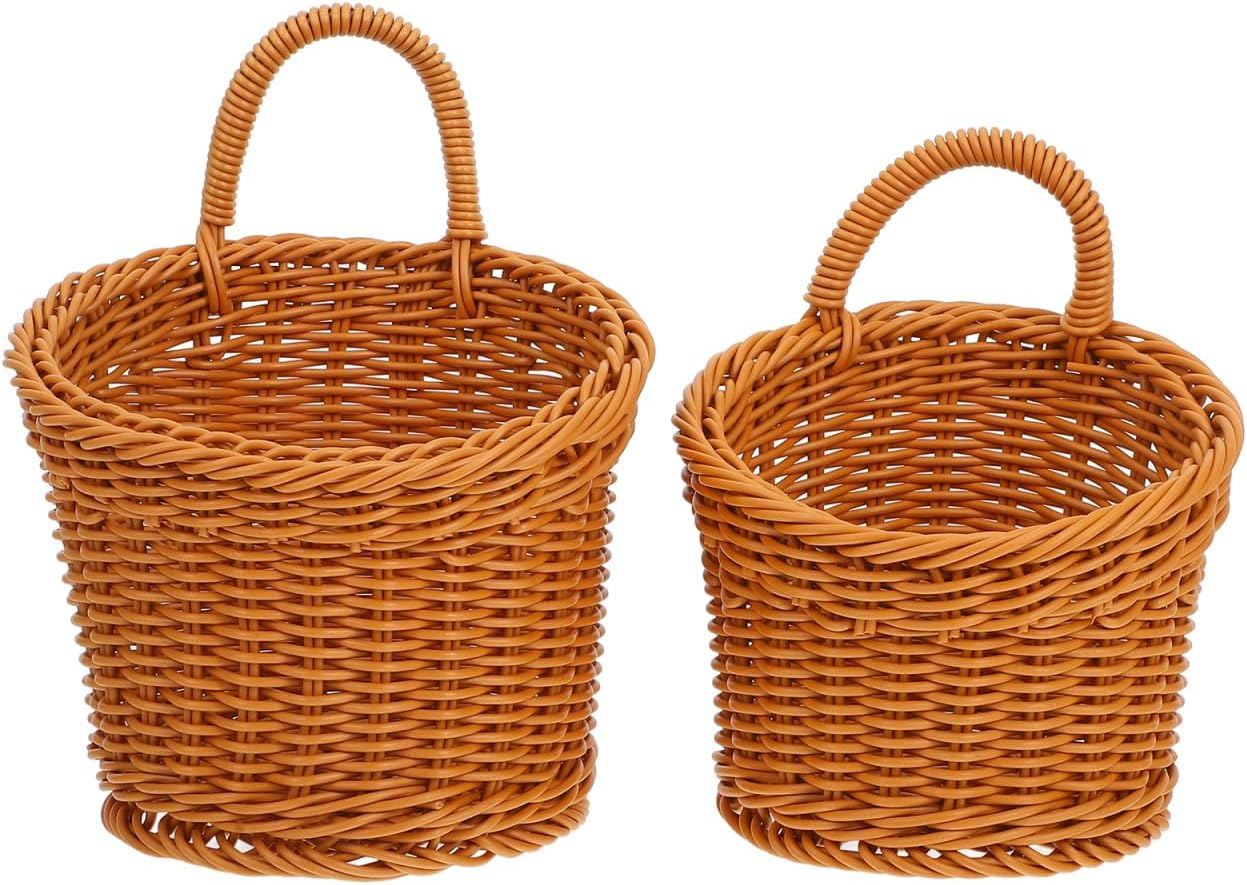 2Pcs Small Hanging Storage Baskets Plastic Pantry Wicker Woven Baskets Wall Mount Basket with Hook Decorative for Organizing Easter Egg Brown image number 2
