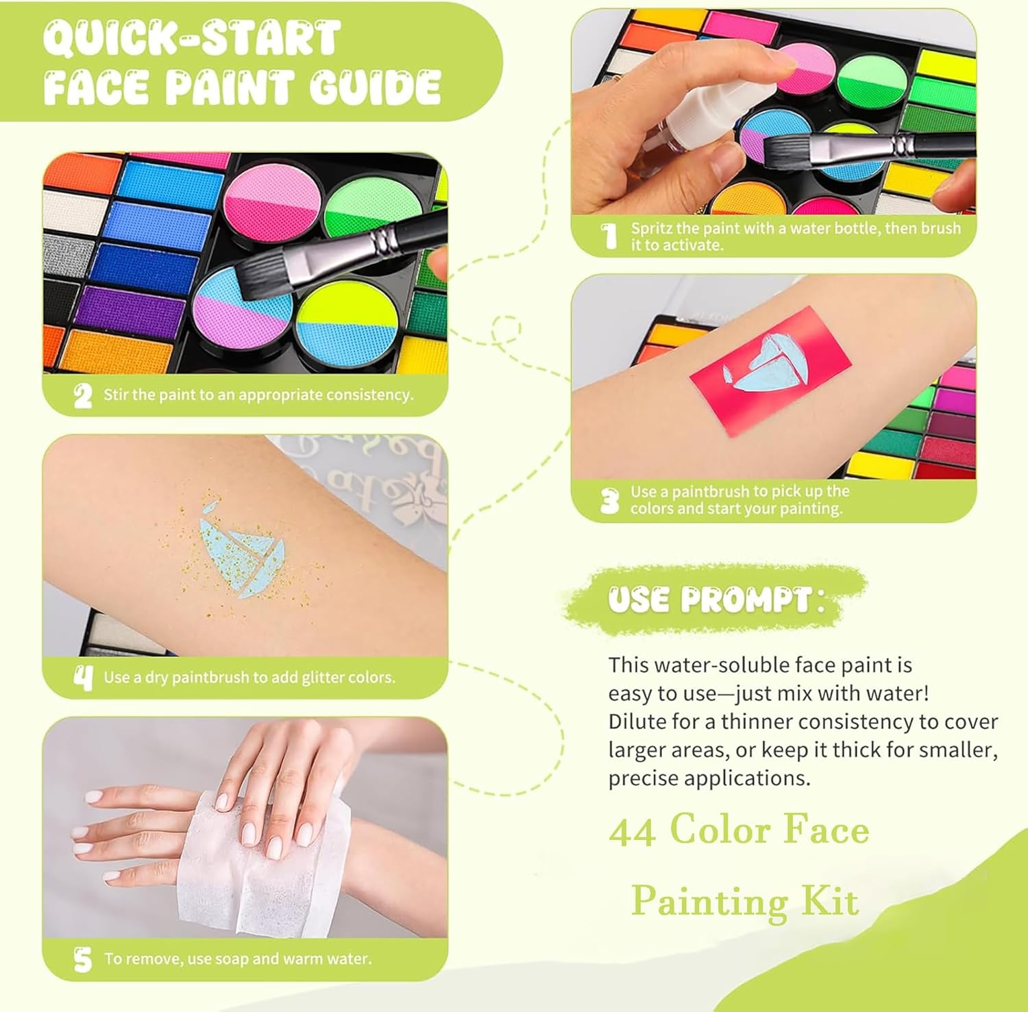 44 Color Face Paint Kit - Non-Toxic Water Based Palette with Stencils, Brushes,Glitter & Gems,Perfect for Halloween,Carnival,Parties & Festive Makeup Art image number 4