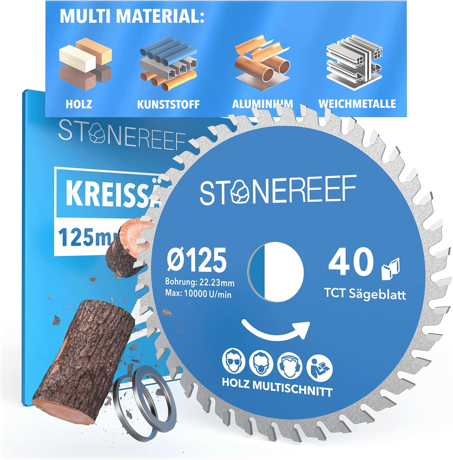 STONE REEF Saw Blade 125 X 22.23 - Circular Saw Blade [Includes Adapter to Bore 20 and 16 Mm], Compatible with Angle Grinders from Bosch, Makita Etc. - Saw Blade Circular Saw Nail Proof - for Wood, image number 1