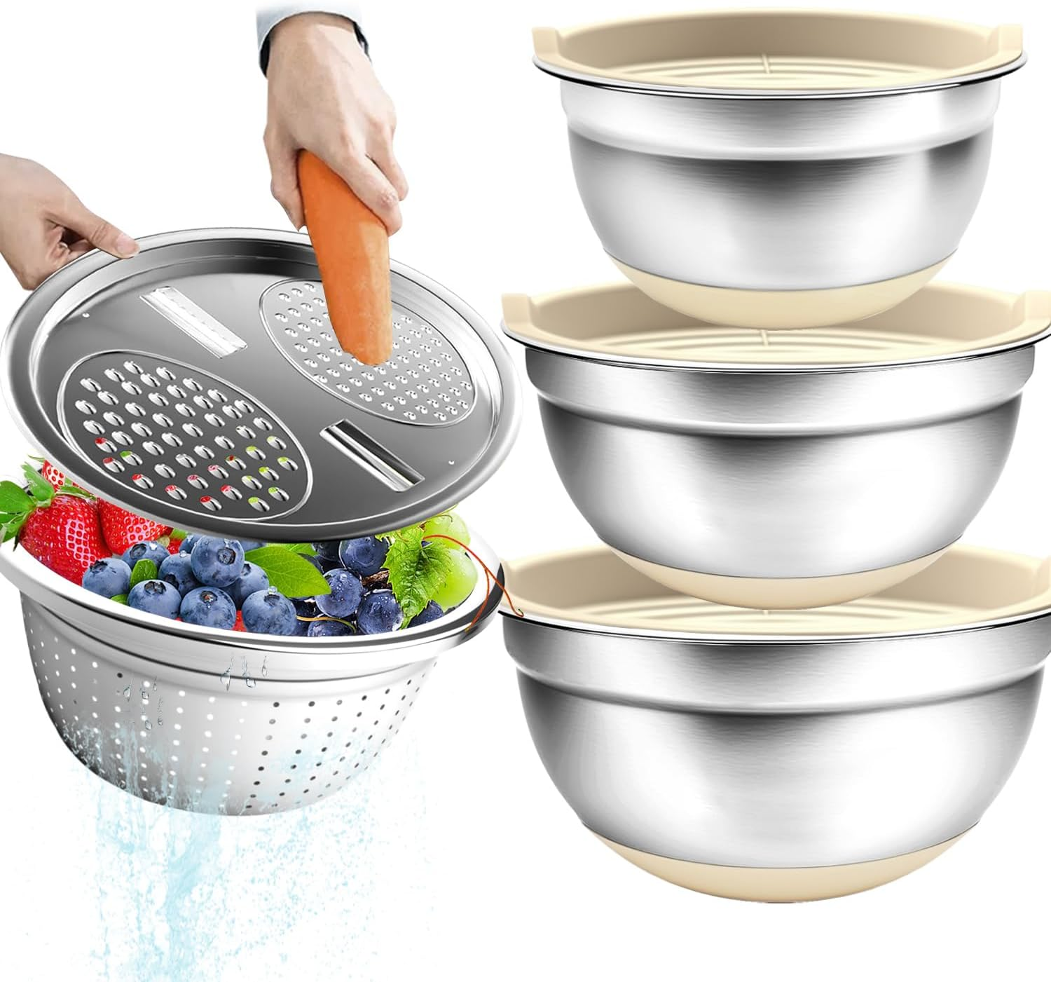 Stainless Steel Mixing Bowl Set with Airtight Lids, Non-Slip Base & Multi-Functional Colander, 3 Sizes (1.5, 2.5, 6 QT) for Baking, Cooking & Food Storage, Includes Grater Attachments