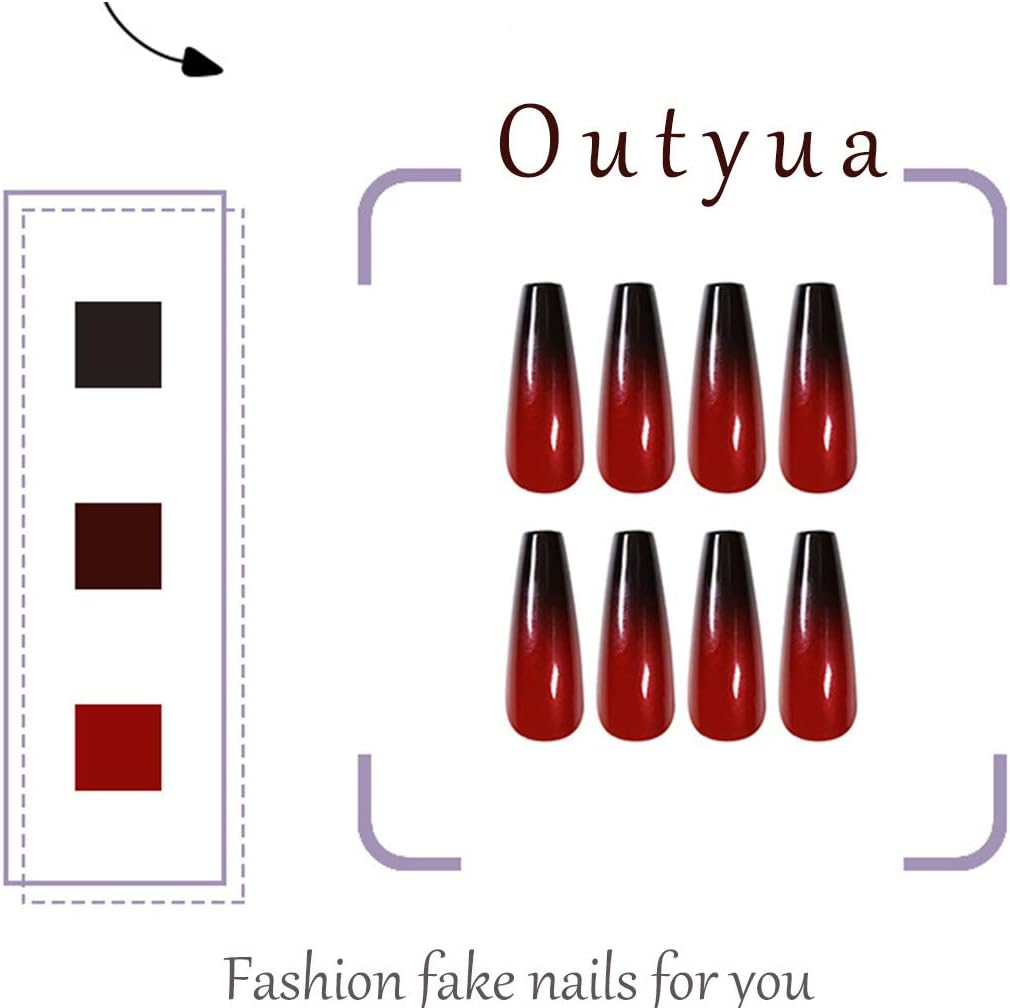Outyua Halloween Red Black Press on Nails Ombre Coffin Fake Nails Long False Nails with Designs Acrylic Witch Ghost Nails for Women and Girls 24Pcs (Red & Black) image number 3