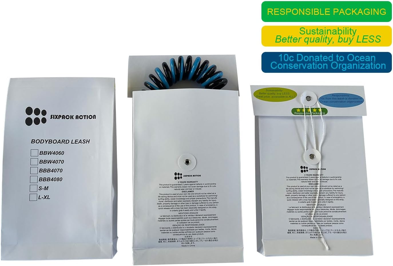 SIXPACK ACTION 4Ft 6Mm Coils Wrist Bodyboard Leash, Adjustable Wrist Cuff for Kids and Young Adults, Wrist Sized Approx 145Mm-200Mm image number 2