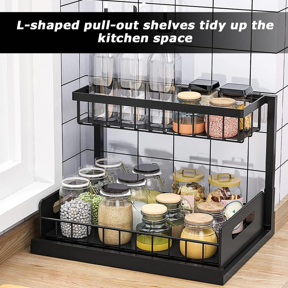 Ultra-Durable Pull-Out under Sink Organizer, Black Space-Saving Storage Shelf, Carbon Steel Drawer Rack, Suitable for Kitchen Cabinets, Bathroom & Office Drawers