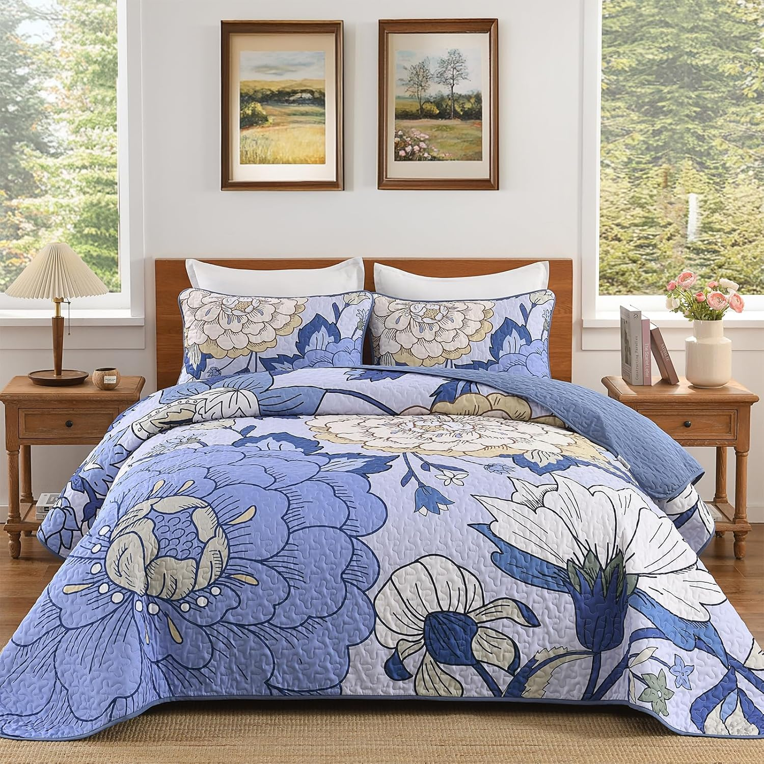 DJY Floral Quilt Set King Size Grey Pink Boho Flower Bedspread Coverlet Set 3 Pieces Soft Microfiber Farmhouse Botanical Bohemian Bedding Set with 2 Pillowcases for All Season (110''X90'')