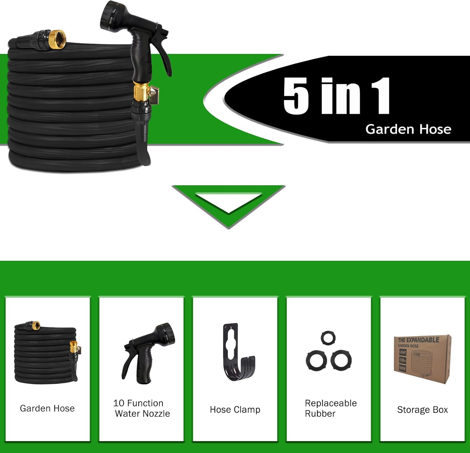 Expandable Garden Hose 100Ft, Water Hose with 40 Layers of Innovative Nano Rubber, with 10 Function Nozzles, Retractable Garden Hose, Water Pipe with Solid Brass Connector for Garden Watering (Black) image number 6