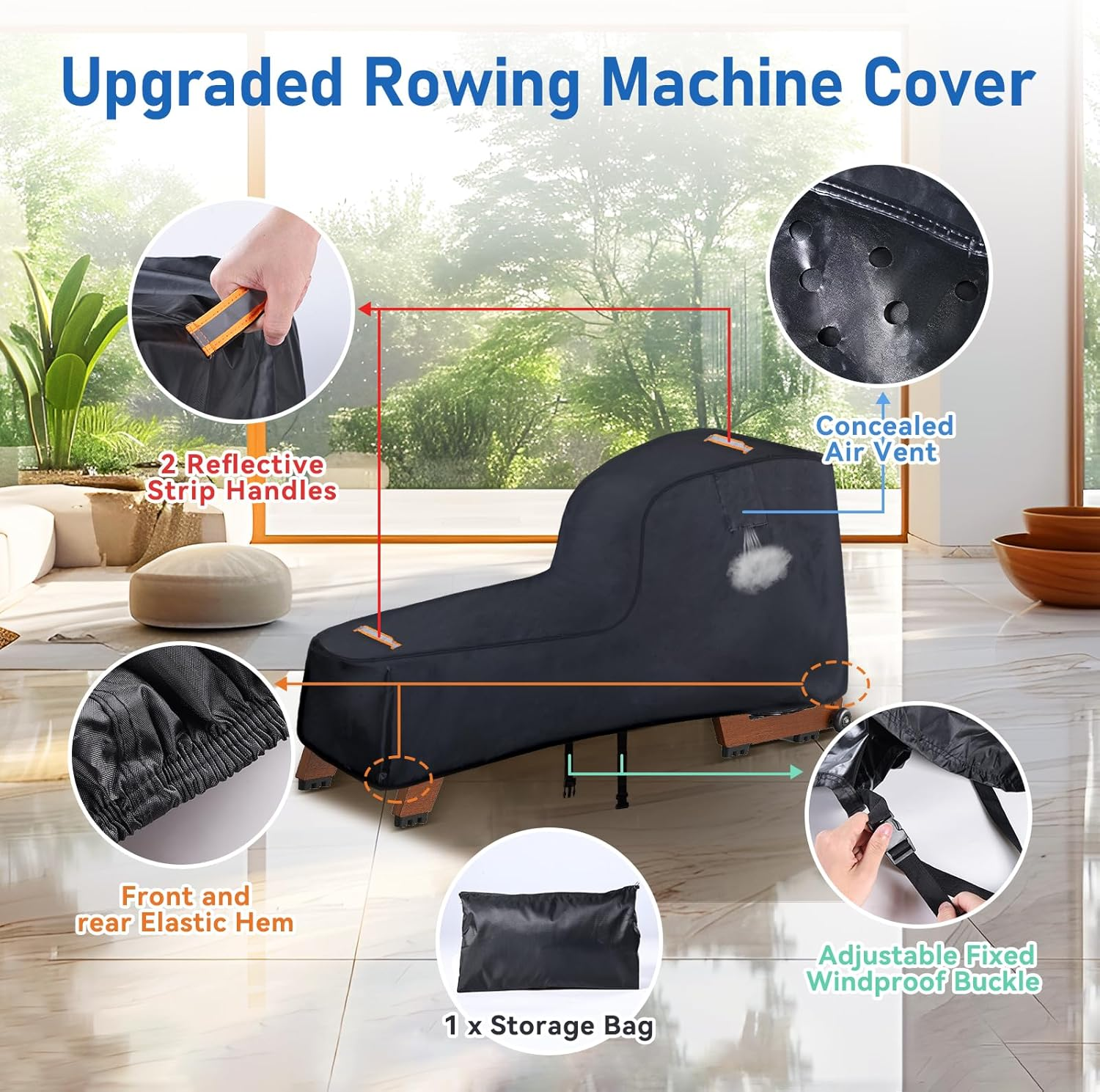 Rowing Machine Cover,420D Heavy Duty Rower Outdoor Covers,Outdoor Protective Cover for Concept 2 Fitness Equipment,With Waterproof Strip,Windproof Buckle,2 Handles,Accessories Fit for Concept 2 Rower image number 2