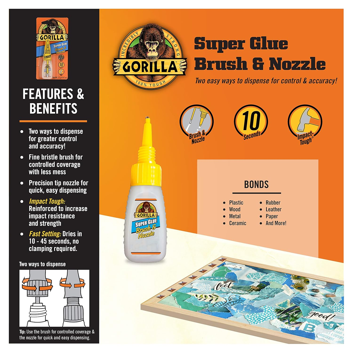 Gorilla Super Glue with Brush & Nozzle Applicator, 12 Gram, Clear image number 3