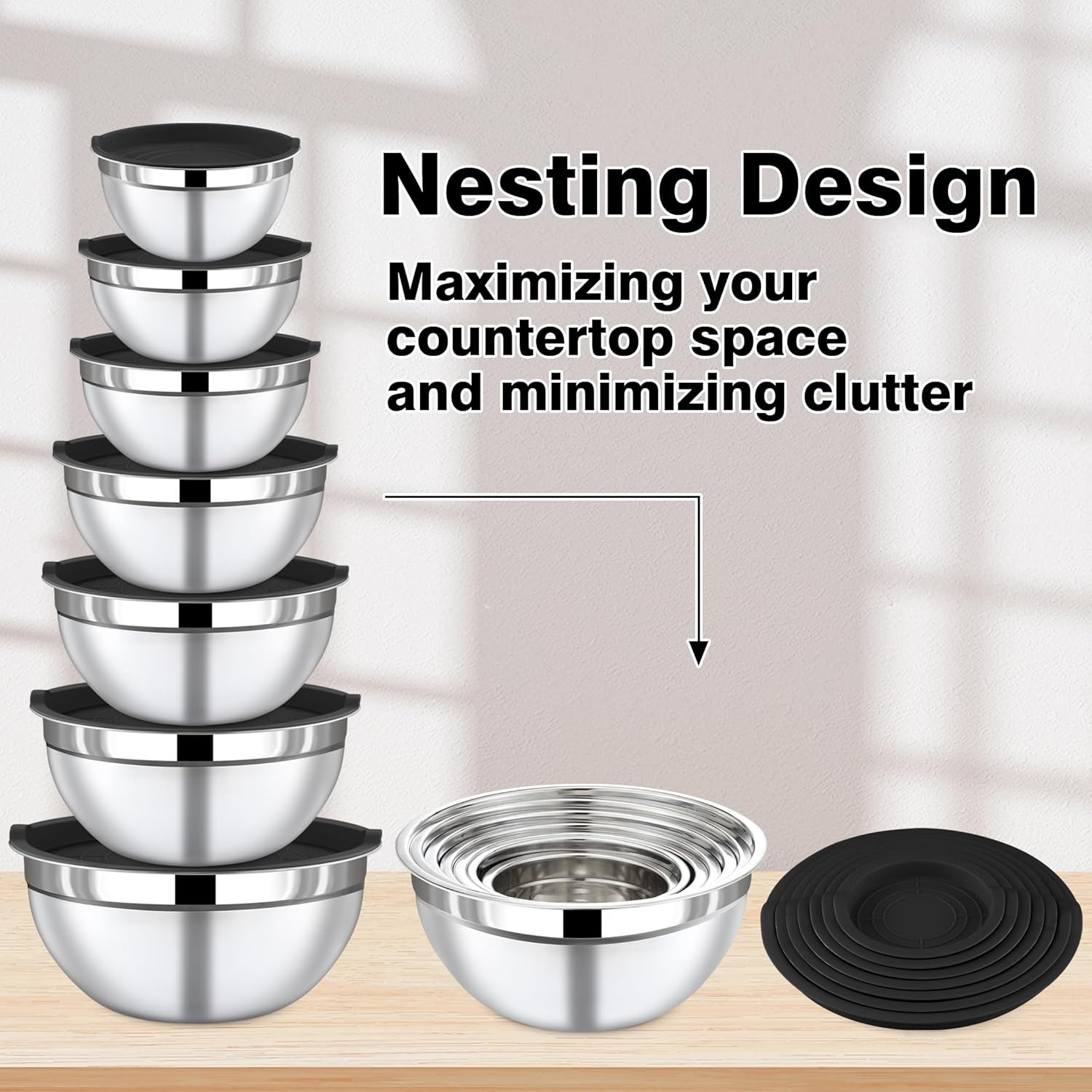 BEWOS 7-Piece Stainless Steel Mixing Bowl Set with Lids - Nesting Bowls for Space Saving, Dishwasher Safe, Sizes 0.84, 1.32, 1.80, 2.52, 4.20, 4.80, 5.40 QT for Mixing & Serving image number 6