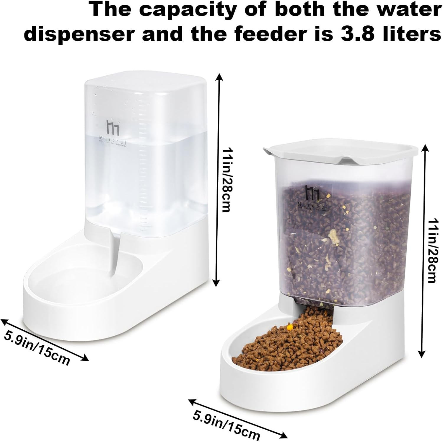 Marchul Pet Feeder and Water Dispenser Set, Automatic Gravity Cat Food Dispenser and Water Bowl, Dog Feeder with Scoop Sponge Brush, Big Capacity 3.8L image number 6