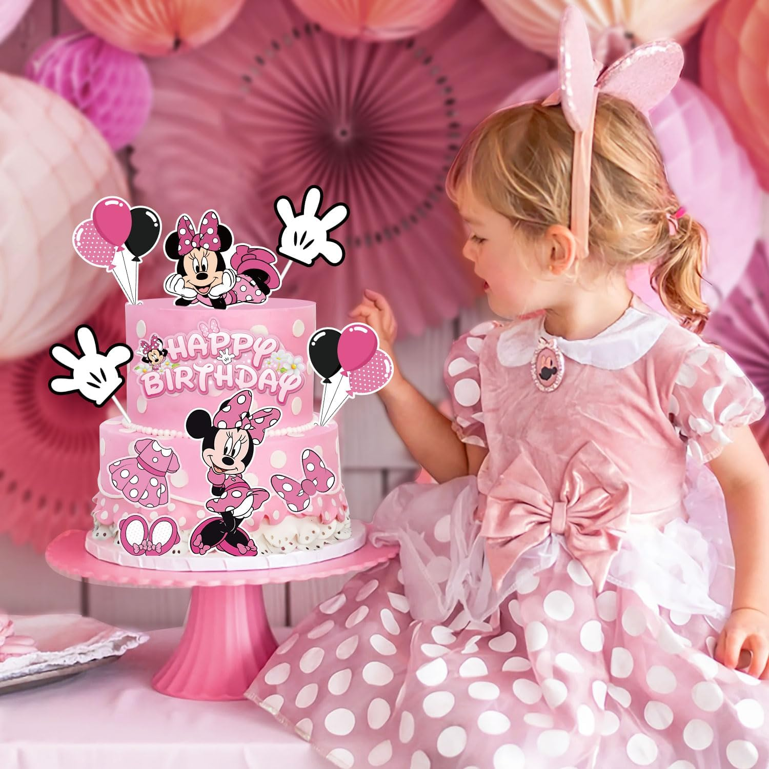 Lahe Birthday Cake Decoration, Glitter Minnie Cake Decoration, Happy Birthday Cake Decoration, Mouse Cake Topper Birthday for Girls Boys Party Decoration for Cake Decoration (Pack of 10) image number 2