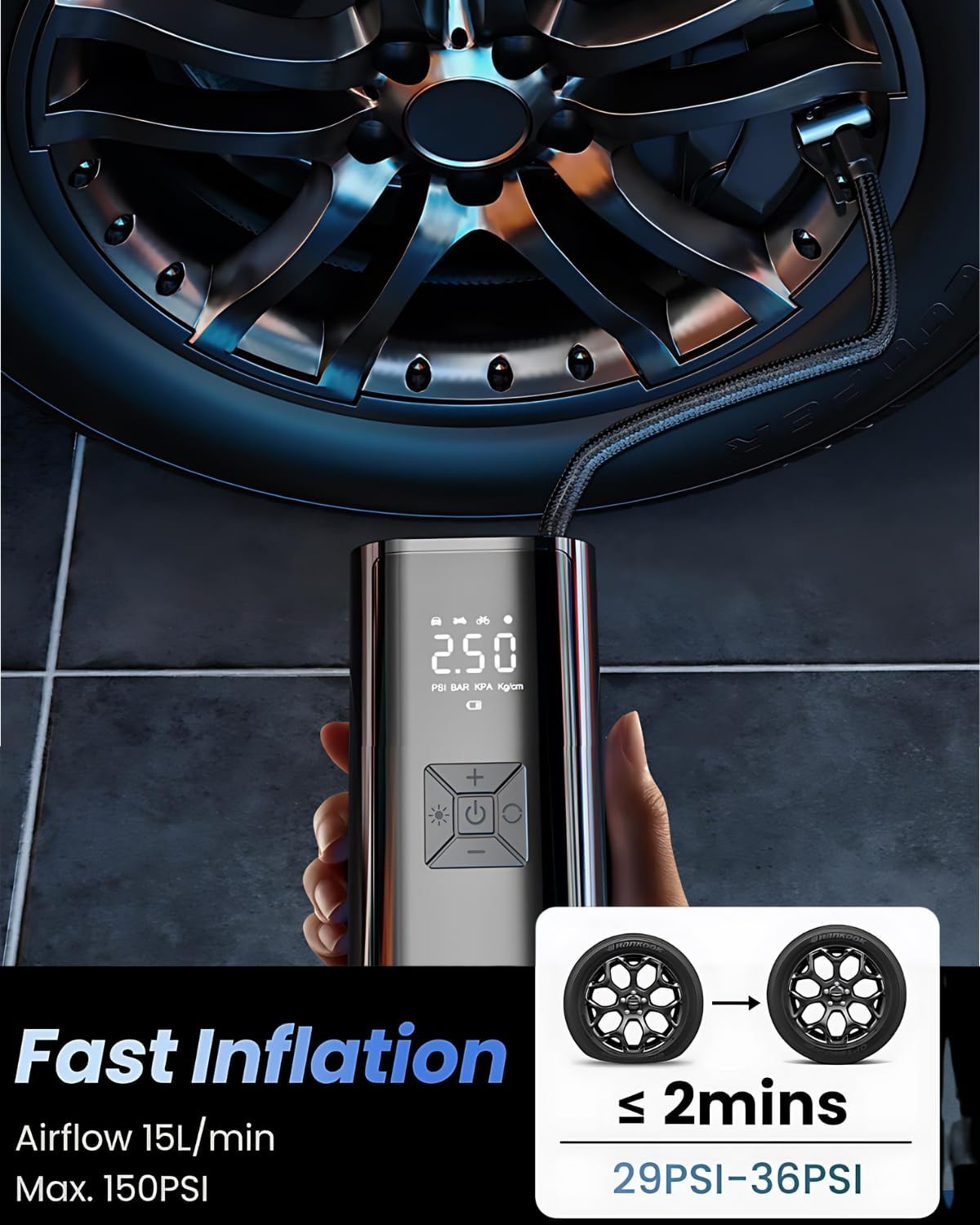 Tyre Inflator Portable Air Compressor 6000Mah Electric Cordless Air Pump with Battery LED Light, with 150PSI Pressure Gaugeand/Auto-Off/Wheel Tire Inflator for Car, Bike, Motorcycle, Ball