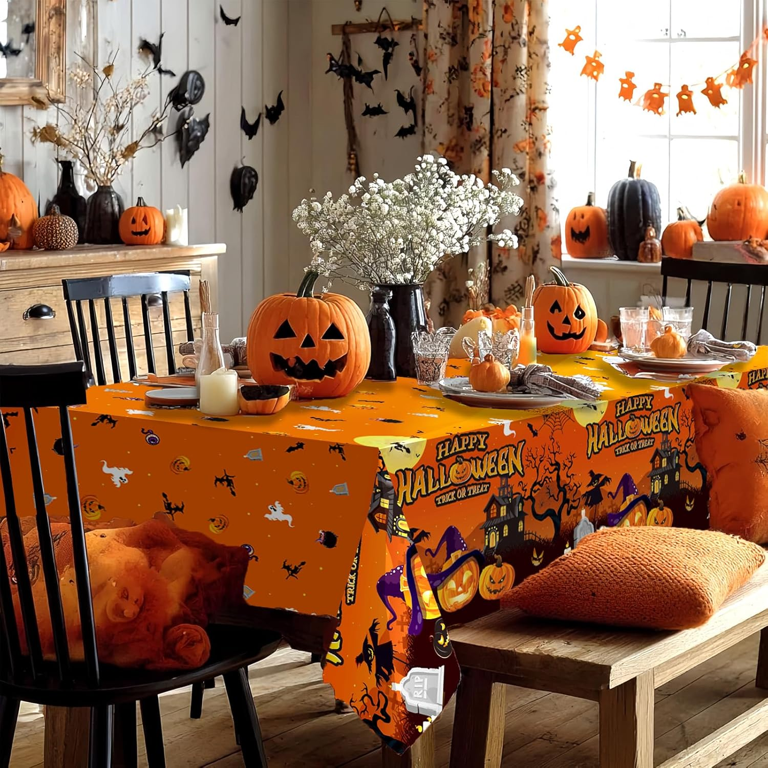 OQOQ Halloween Tablecloth (3, Black Orange Purple), 108X54 Inches Halloween Plastic Table Cloth Disposable Party Favors Pumpkin Boo for Outdoor Indoor Table Decor Backdrop Banner Party Supplies image number 6