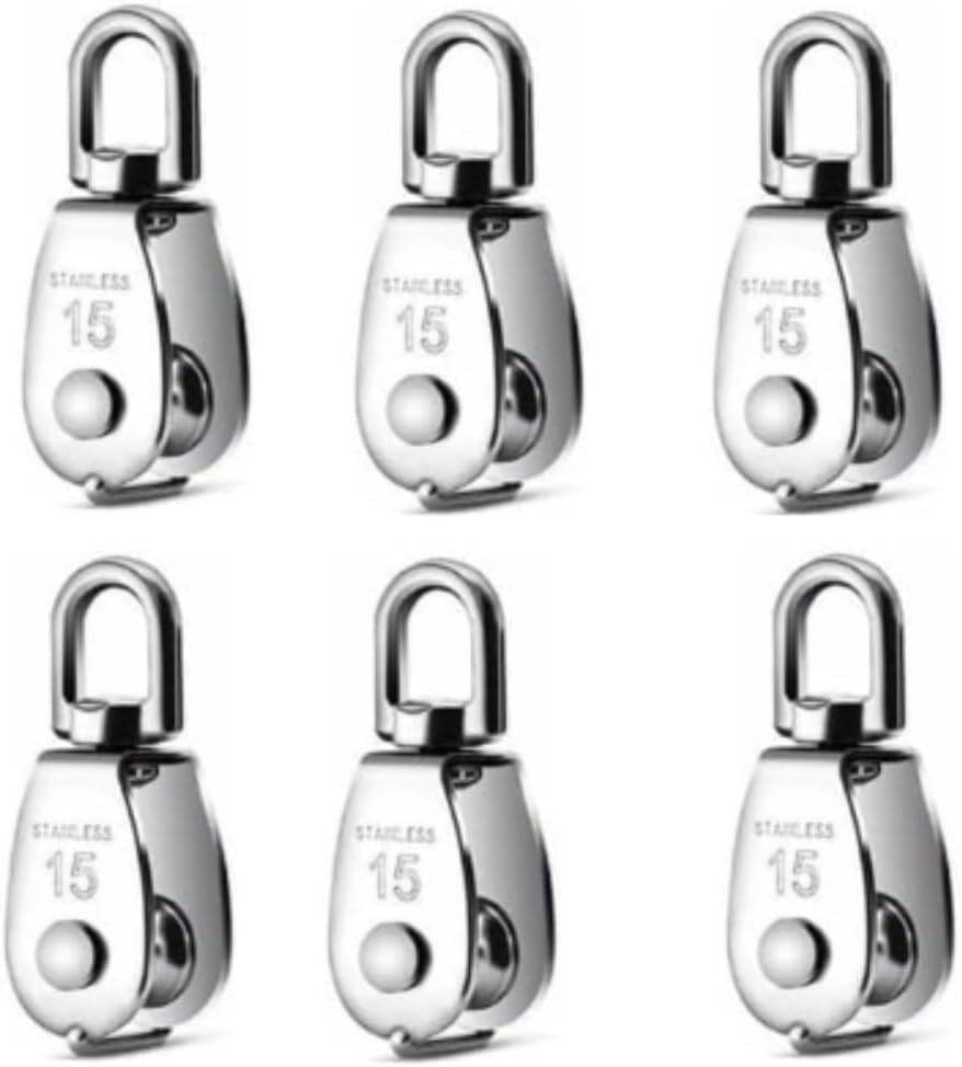 Stainless Steel Wire Rope Crane Pulley Block M15 Lifting Crane Swivel Hook Single Pulley Block Hanging Wire Towing Wheel,304 Stainless Steel 0.59" (6PCS) image number 5