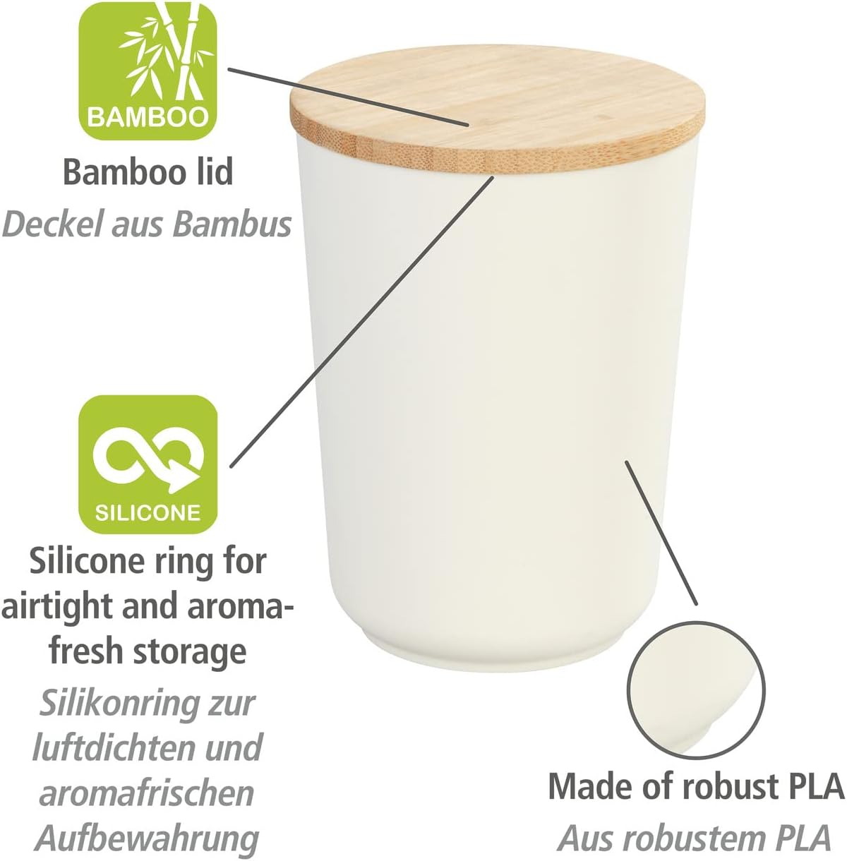 WENKO Plaia Storage Jar, 750 Ml, Cream Storage Jar with Bamboo Lid, Equipped with a Silicone Ring, Airtight Closure, Dishwasher Safe Tin, Bpa-Free, Diameter 10.5 X 14.5 Cm image number 3