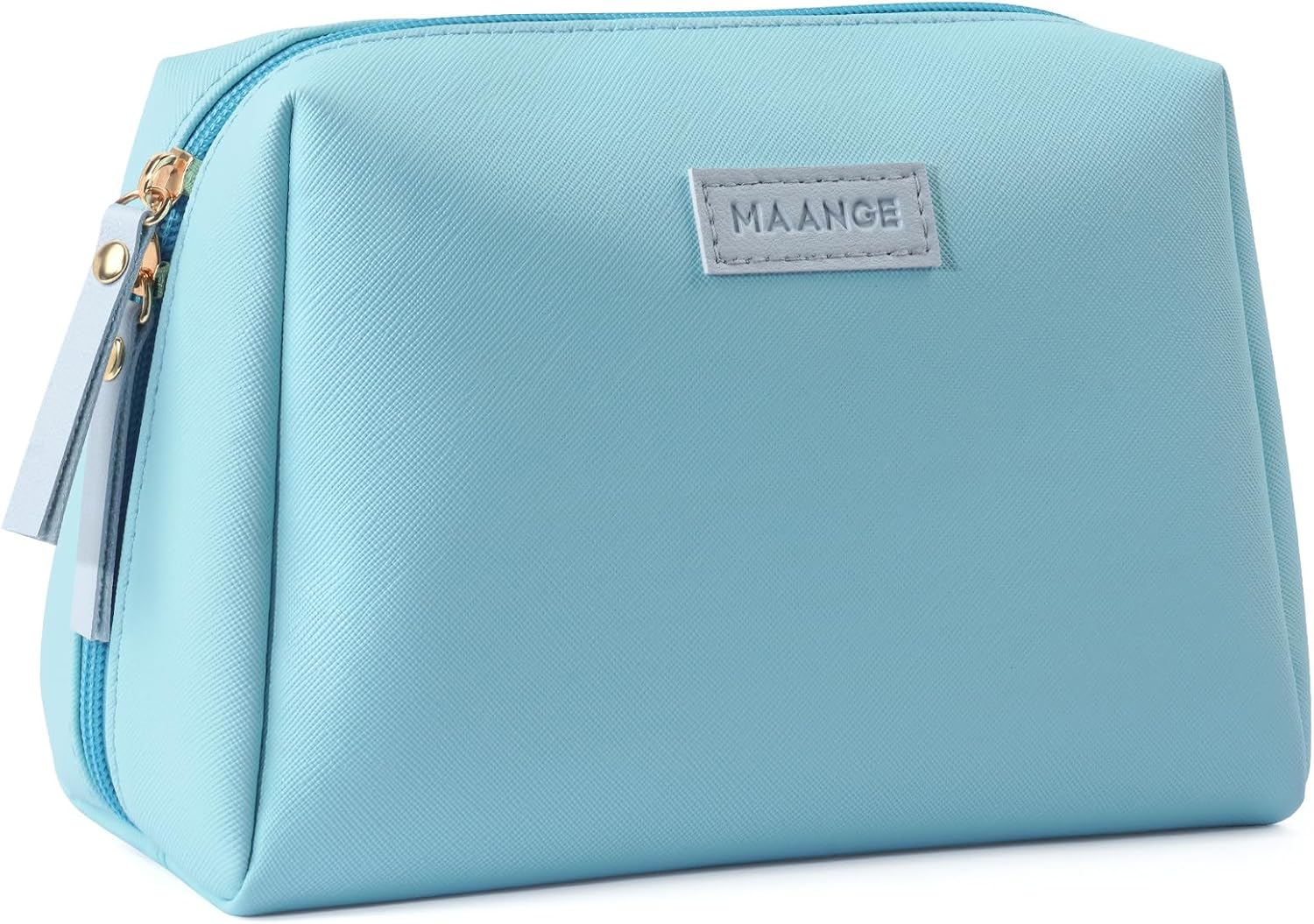 MAANGE Small Makeup Bag for Woman Cosmetic Bag with Zipper Travel Makeup Bag of Soft PU Leathercute Make up Pouch, Blue, Large