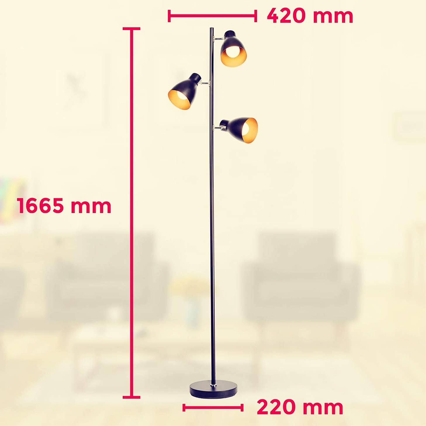 Osasy Tree Adjustable Floor Lamp, Retro Metal Black/Gold, E27 Socket Max. 25 W, 3 Lights, 166 Cm Spotlight Floor Lamp Industrial for Reading Living Room Bedroom Office image number 4