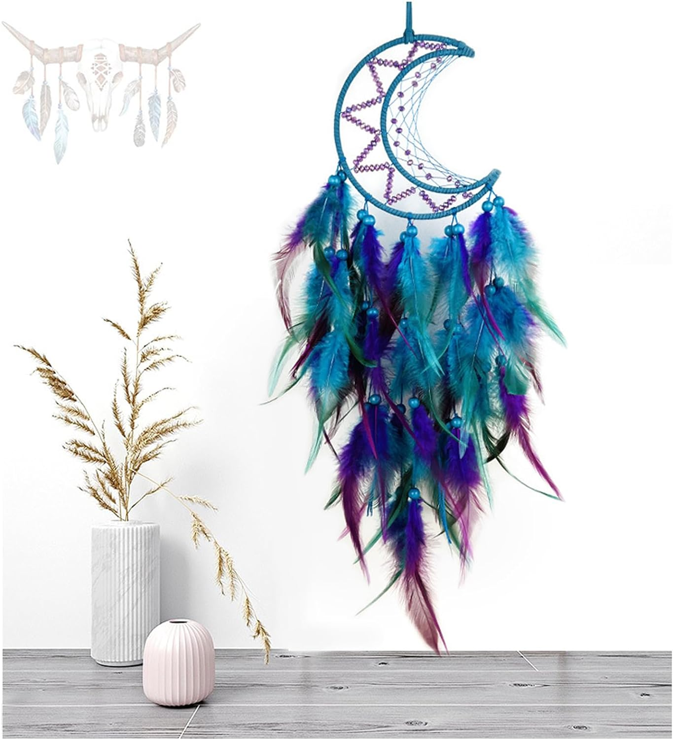 Moon Dream Catcher Handmade Feather Wood Beads Wall Hanging Decor - Blue Purple Bohemian Ornament for Kids Bedroom Home Decoration - Art Craft Gift image number 4
