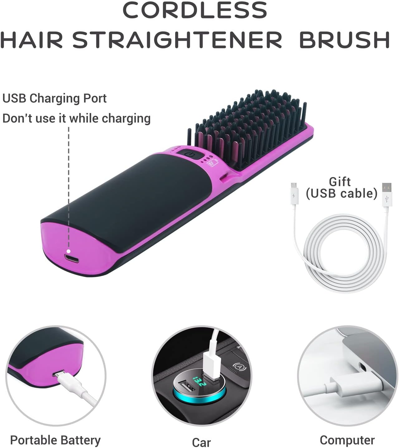 Hot Hair Straightener Brush,Portable Mini Hair Straightener USB Rechargeable 6400MAH,2 in 1 Hair Straightener Comb with Anti-Scald Feature for Women & Men（Purple） image number 3
