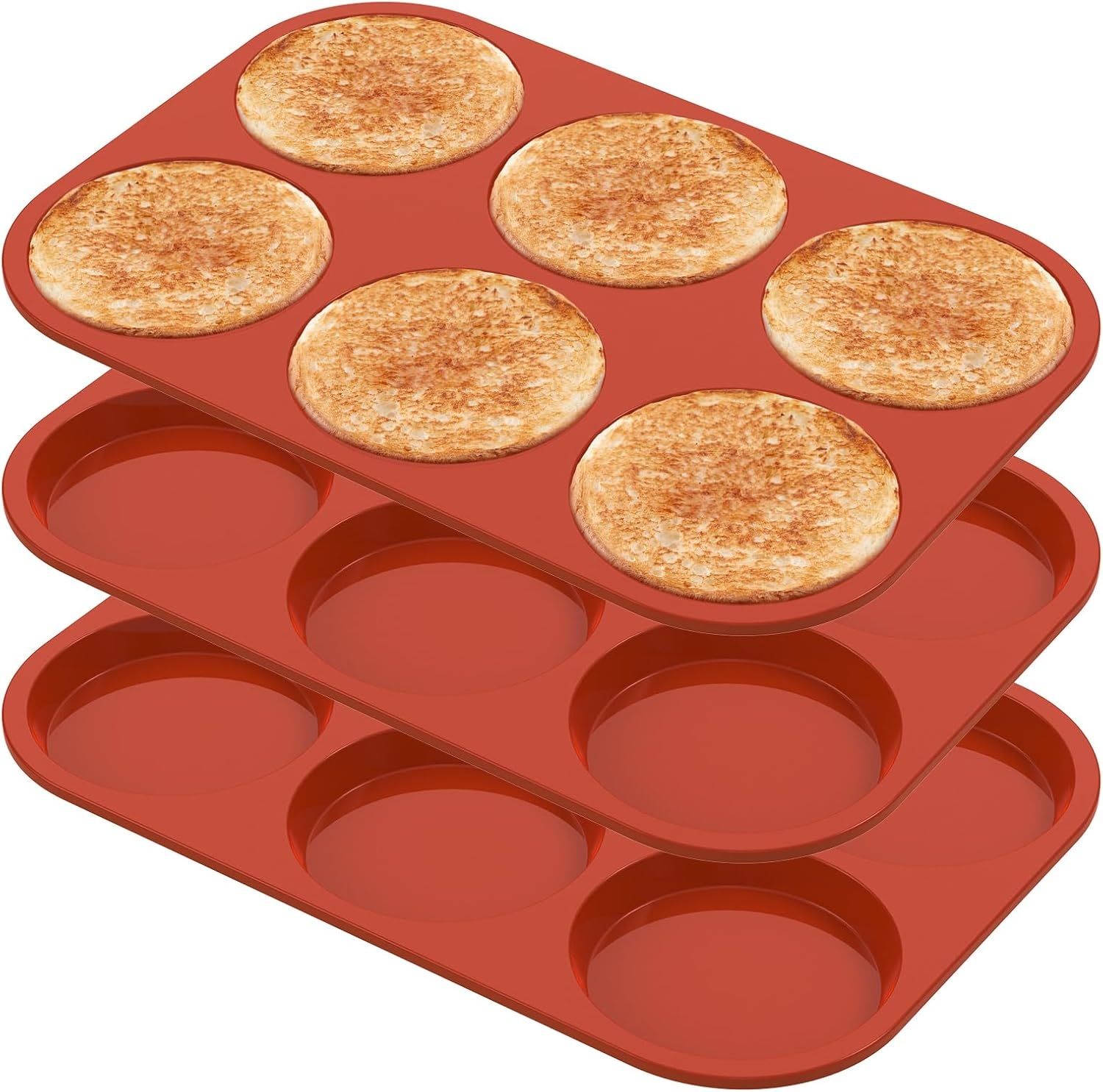 3 Pcs Silicone Muffin Top Pans/Egg Molds for Baking Non-Stick 4" Jumbo round Silicone Mold for Hamburger Bun, Muffin Top, Eggs, 6 Cavities Whoopie Pie Pan for Breakfast Egg Sandwich Pie Shortbread image number 2