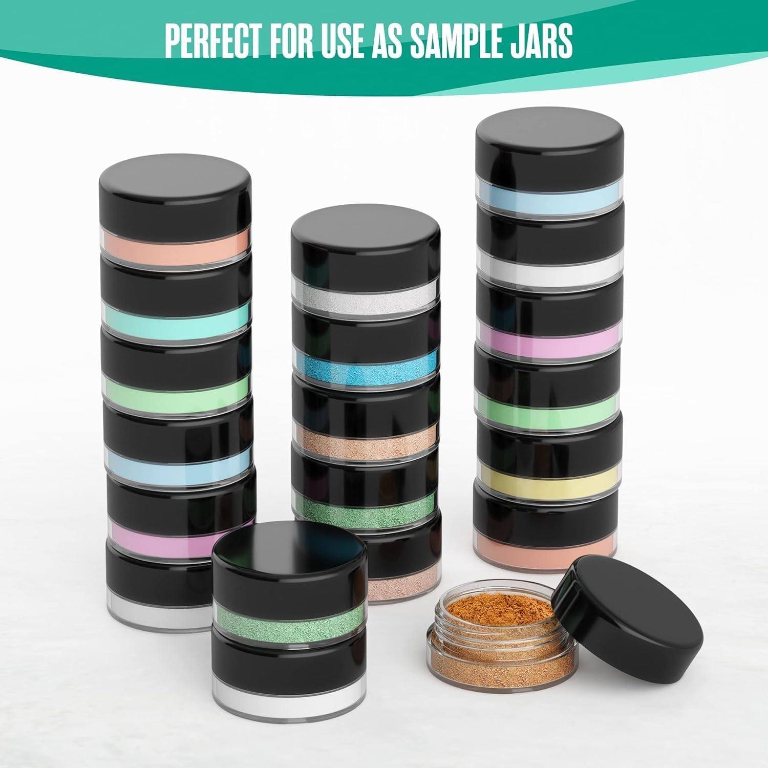 LH 100 Pcs 3G Empty Plastic Containers with Lids,Tiny Makeup Sample Containers Small Pot Jars Clear round Cosmetic Jars with 20 Pcs Mini Spatulas for Liquid Sample Powder Creams (Black Lid) image number 1