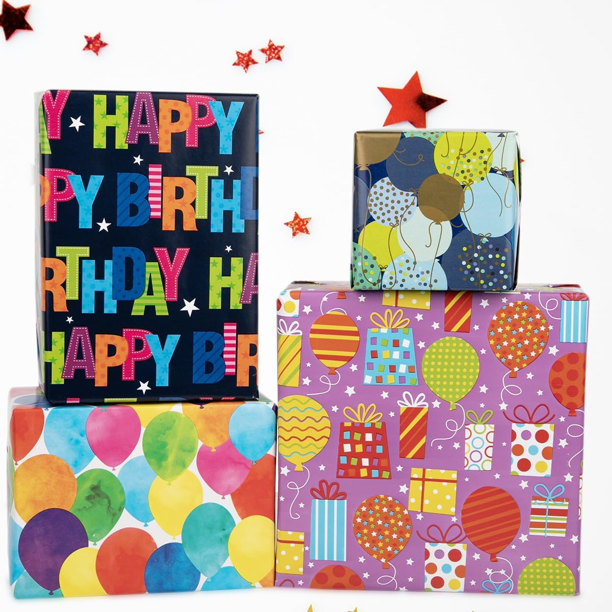 JUSTASHOW Birthday Wrapping Paper, 4 Rolls Happy Birthday Gift Wrap Papers, 17X118 Inches per Roll Gift Wrapping Paper for Holiday, Party, Baby Shower image number 1