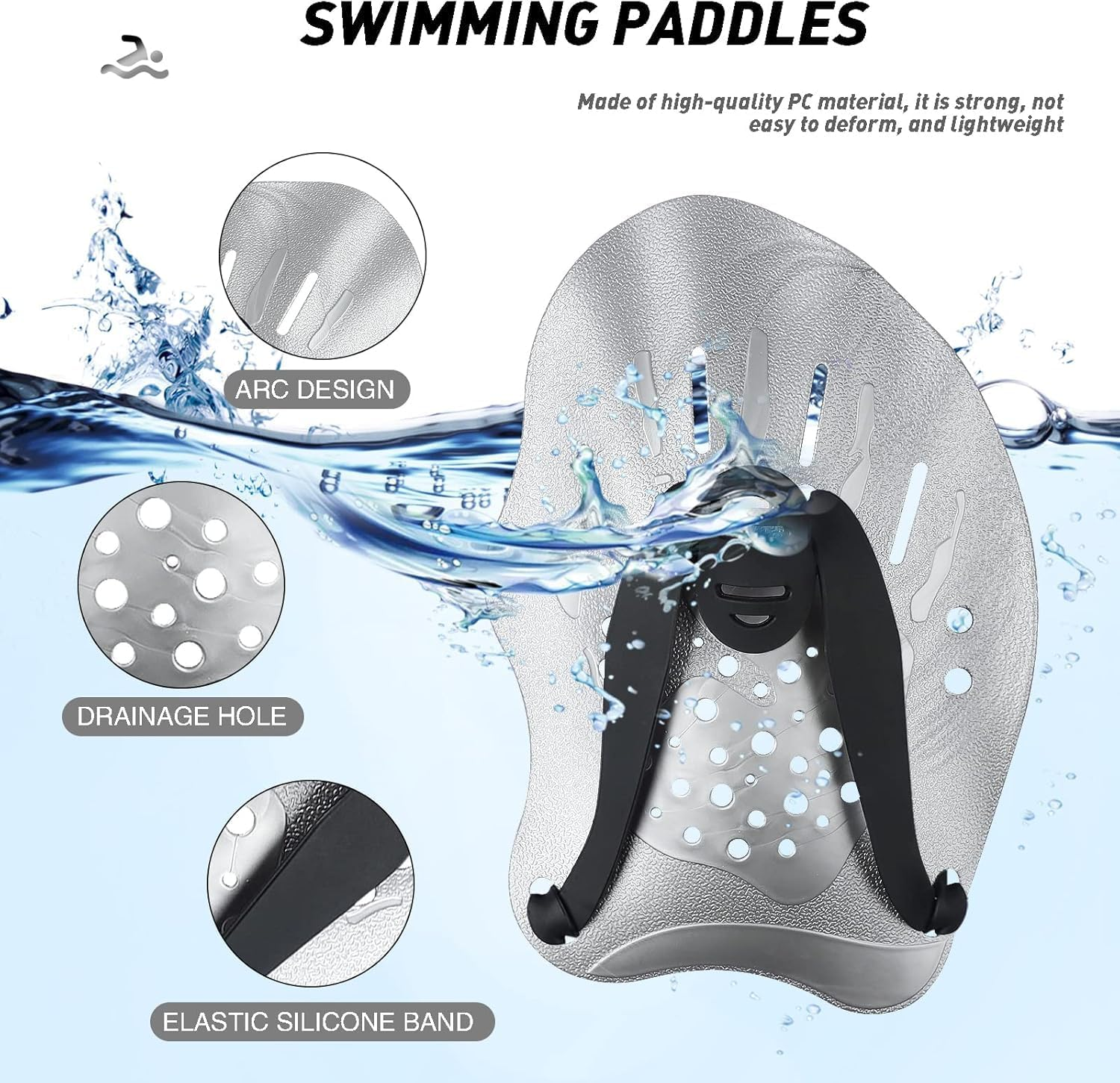 THJOPOKEEL Swim Paddles Hand, Swim Paddles for Lap Swimming - Swim Hand Paddles with Adjustable Straps, Swimming Equipment for Women Men Children (1 Pair) - Grey image number 7