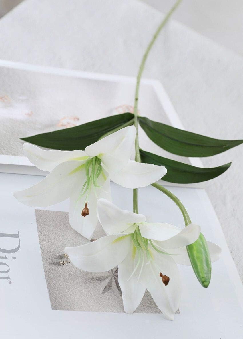 LNHOMY 6 Pack Artificial Lily Flowers Full Bloom Fake Latex Real Touch Artificial Flower Bouquets with 3 Heads Wedding Party Decor Home Decor, (White) image number 2