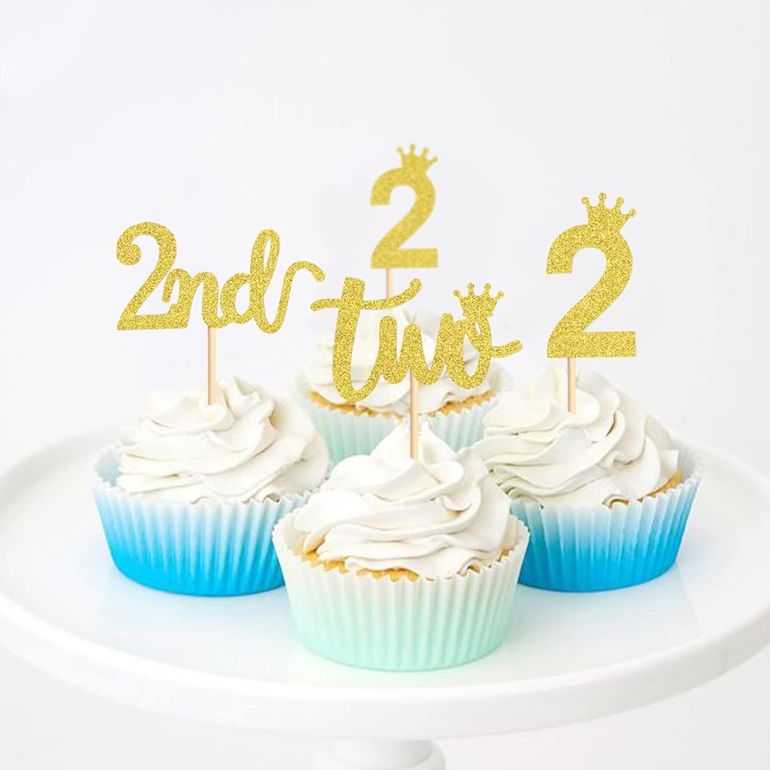 24PCS 2Nd Crown Birthday Cupcake Toppers Two Birthday Two Cupcake Picks Baby Shower Theme Prince Crown Party Cake Decorations Supplies Gold image number 2
