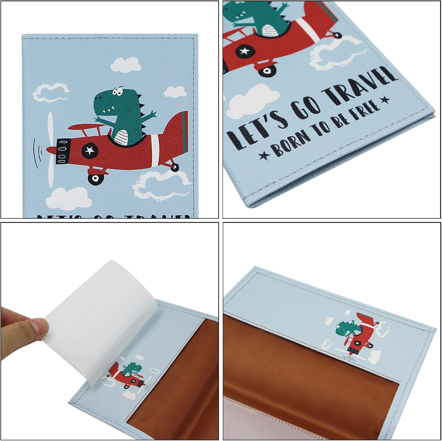 Cute Vegan Leather Passport Holder Cover World Map Travel One Pocket Passport Case Wallet for Kids Teens Adults, Dino-Blue-Plane, One Size, Compact - Croc-Surfing image number 5