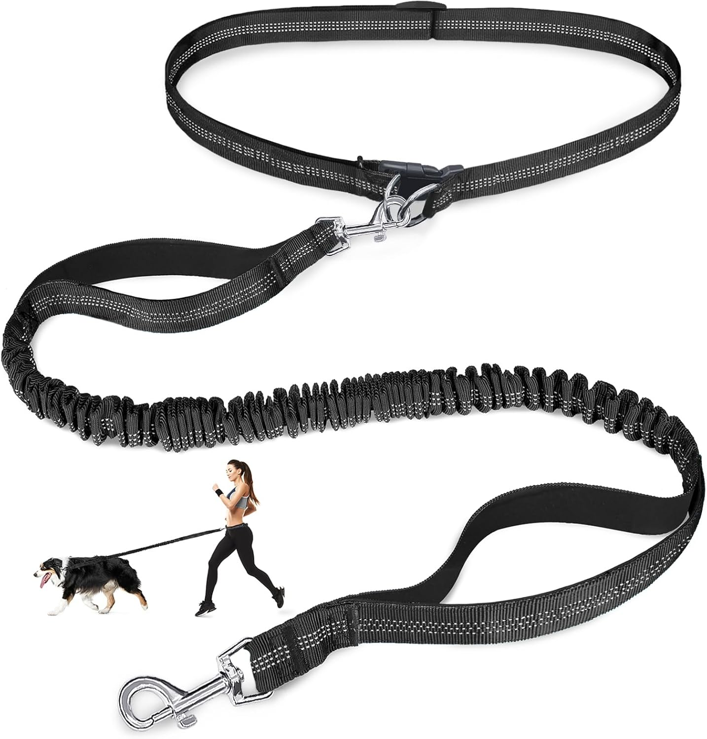 Hands Free Dog Leash, Adjustable Waist Leash for Dog Walking, Dual Handle Bungee Dog Leash 4.2-6.7 Feet Long with Reflective Stitches for Walking Hiking Running, Fits 34-61 Inch Waist, Black & Bule