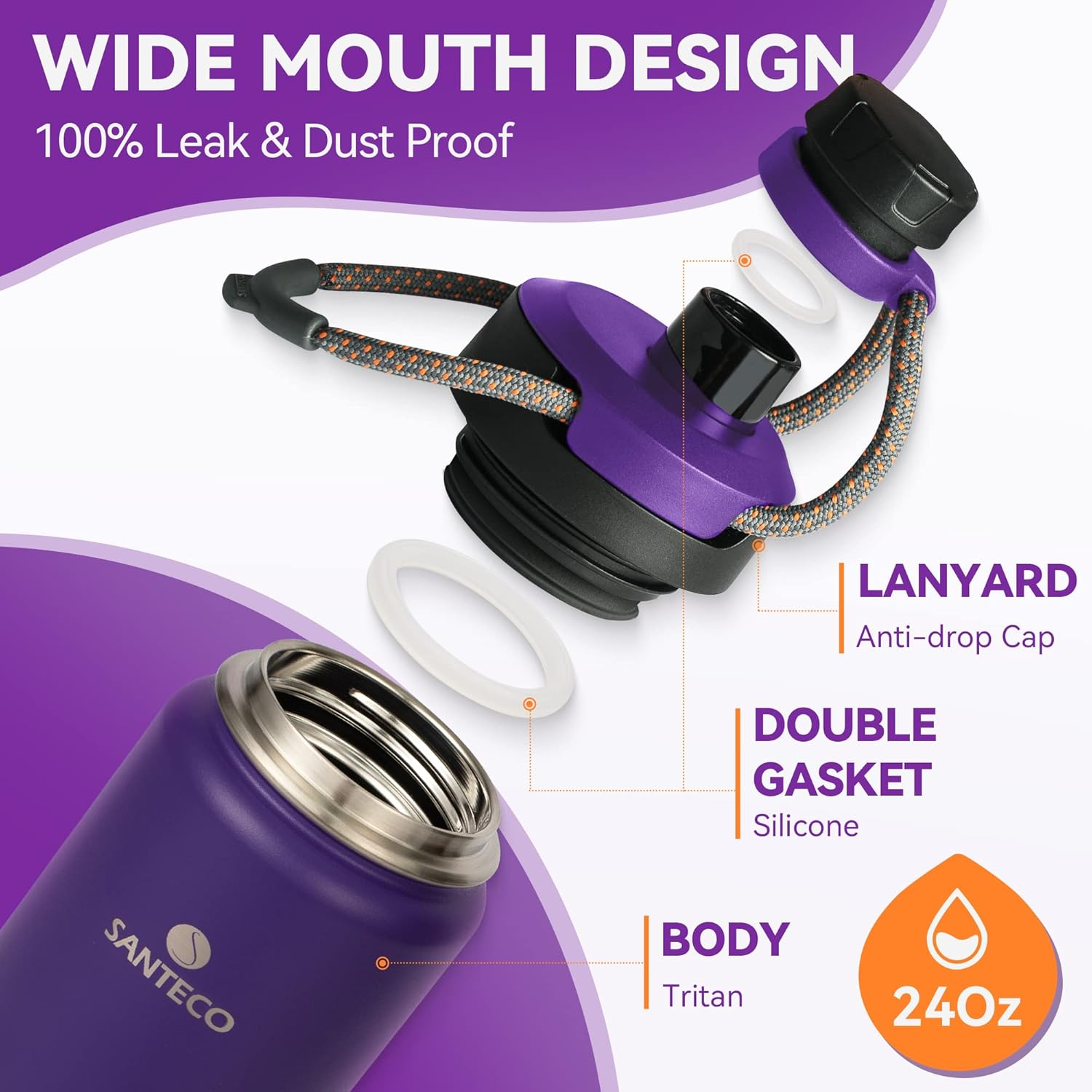 Santeco Insulated Water Bottles 24 Oz, Stainless Steel Flask with Lanyard & Wide Mouth Spout Lid, Leak Proof Double Wall Vacuum Drink Bottle, Keep Drinks Hot & Cold for Hiking Camping - Purple image number 2