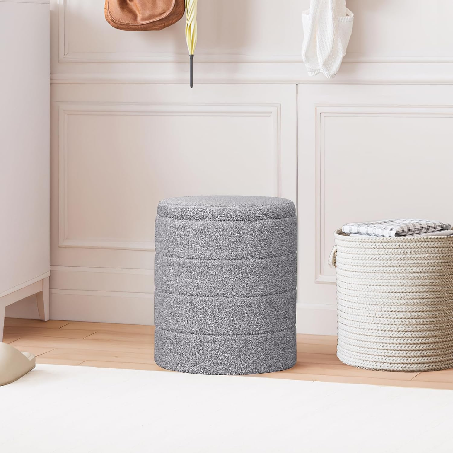 PINPLUS round Storage Ottoman, Foldable Sherpa Ottoman Footstool Storage with Coffee Table for Living Room, Bedroom, Dorm (Dark Grey) 14.6"X14.6"X17.7" image number 2