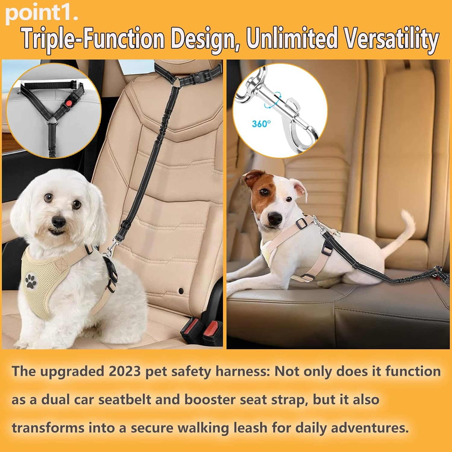 Charming Club Adjustable Dog Car Seat Belt Harness - Safe Pet Vehicle Restraint with Shock-Absorbing Bungee, Headrest Clip & Car Guard | Fits Puppy to Large Dogs | Universal for All Cars (Blue-1Pcs) - Black-1Pcs image number 2