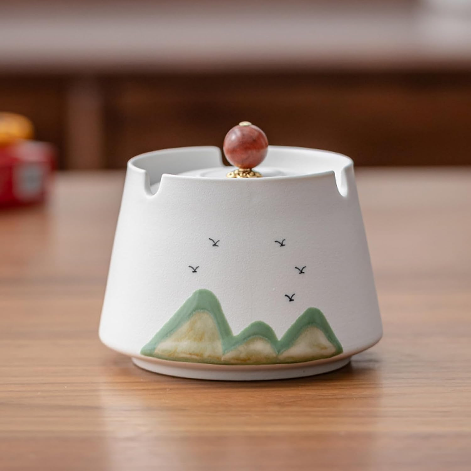 Ashtray Ceramic Ashtray with Lid Windproof Painted Ceramic Hand-Made Ashtray Creative Ash Holder Portable Ash Tray for Home Office Travel Decoration SH0103 (Black)