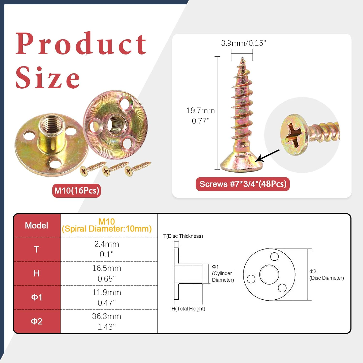 Hilitchi 64Pcs M10 Brad Hole Tee Nut Carbon Steel Screw in T Nuts round Base Mounting Hardware Fitting Fastener Flange Insert Female Thread with Screws (M10-64PCS) image number 1