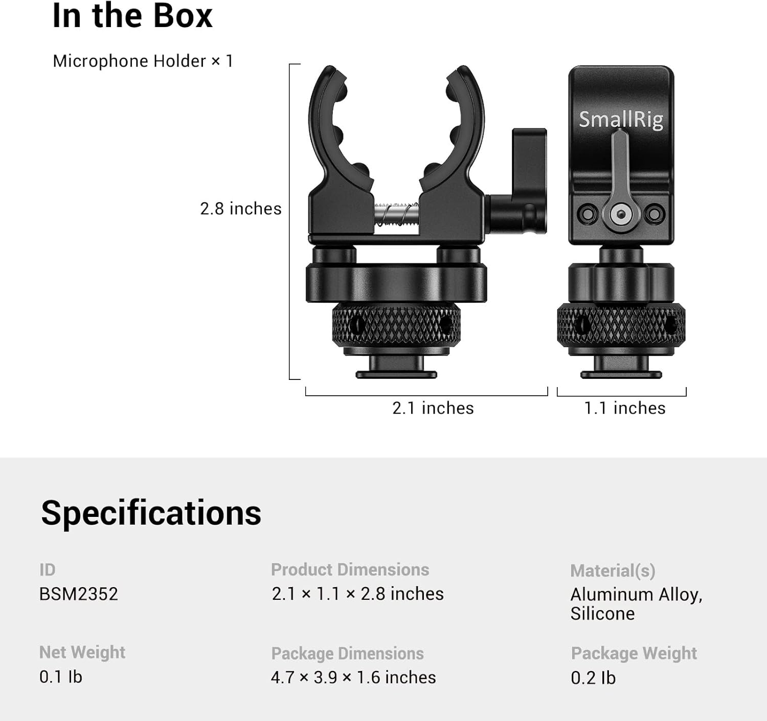 SMALLRIG Microphone Holder, Shotgun Microphones Clip with Cold Shoe Adapter - BSM2352 image number 6